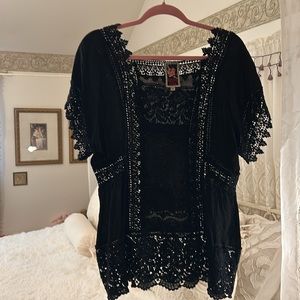 Johnny Was -Black Lacey Insert Georgette Blouse. Medium